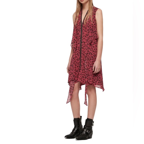 AllSaints Jayda Dress in Pink Leopard Print - Picture 2 of 11